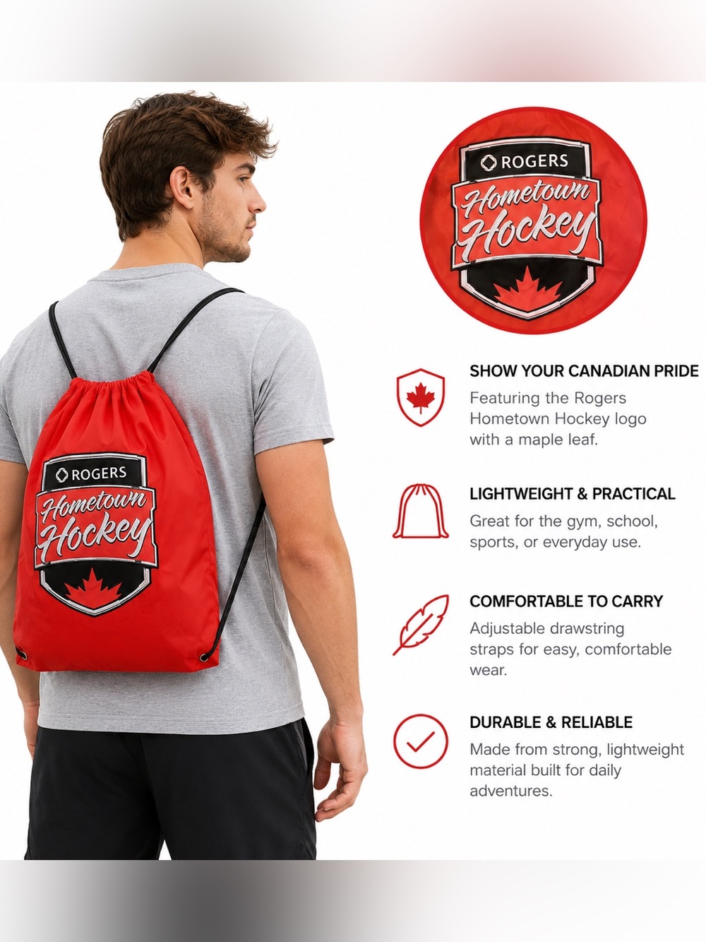 Rogers Hometown Hockey 🇨🇦 Canadian Drawstring Backpack | Red Sports Cinch Bag |